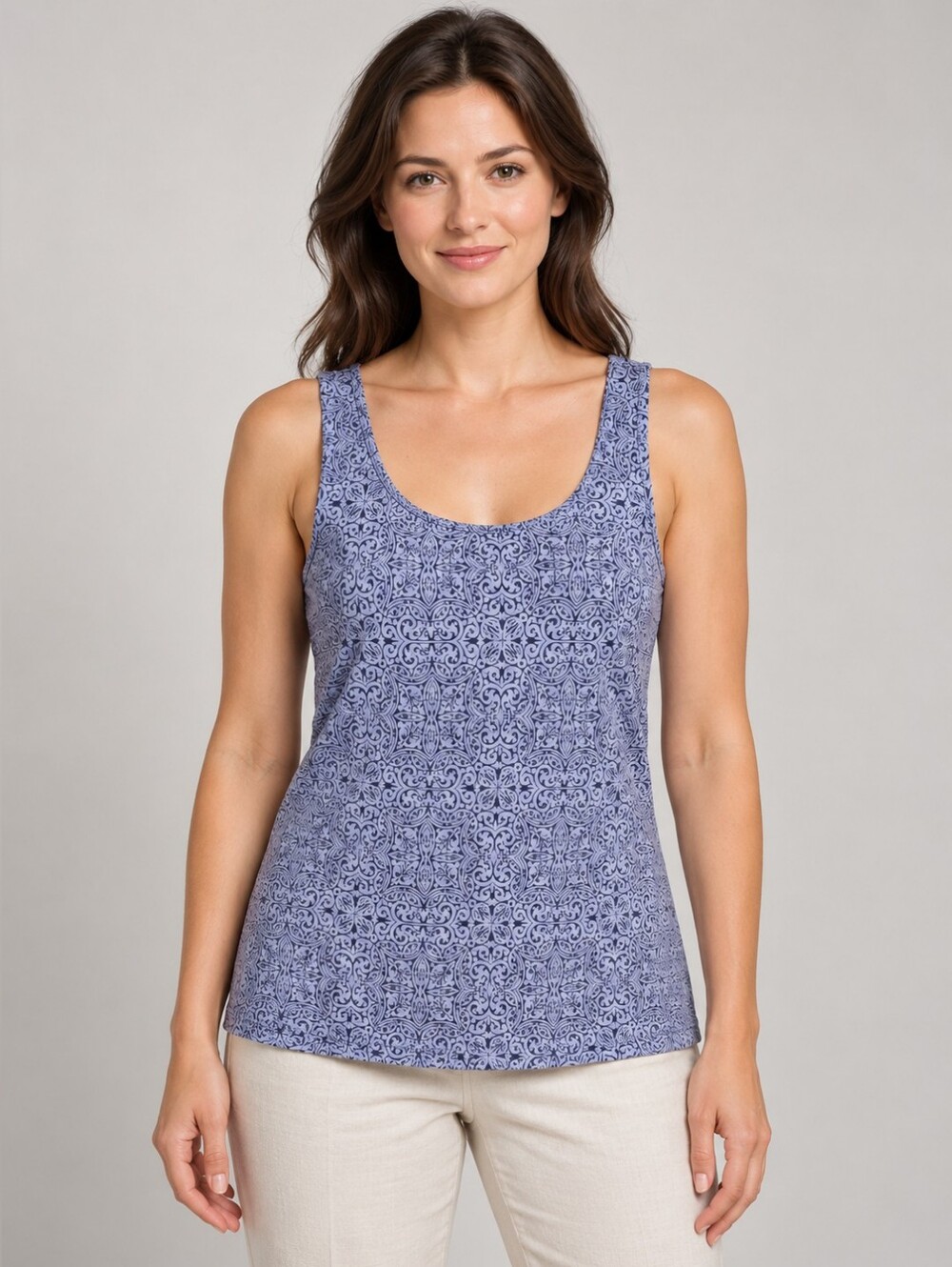 Blue Patterned Scoop Neck Tank Top